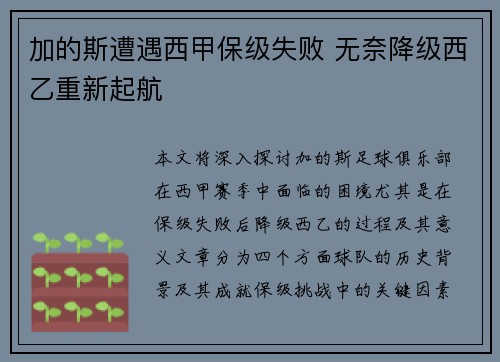 加的斯遭遇西甲保级失败 无奈降级西乙重新起航
